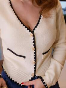 Gretanique 秋季新款V领针织开衫，法式百搭 - 米色 - 查看 3