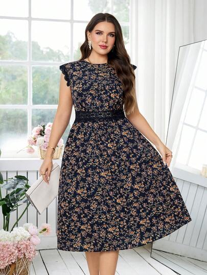 Reflora Vestido de verano de encaje y parches de talla grande, vestido floral, vestido con espalda descubierta y lazo