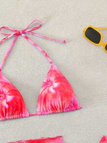 Swim Mod Women's Floral Print Halter Tie Swimwear Set - Hot Pink - View 5