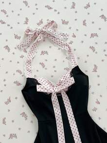 Elamini 女士撞色波点印花无袖休闲吊带连衣裙 - 黑色 - 查看 1