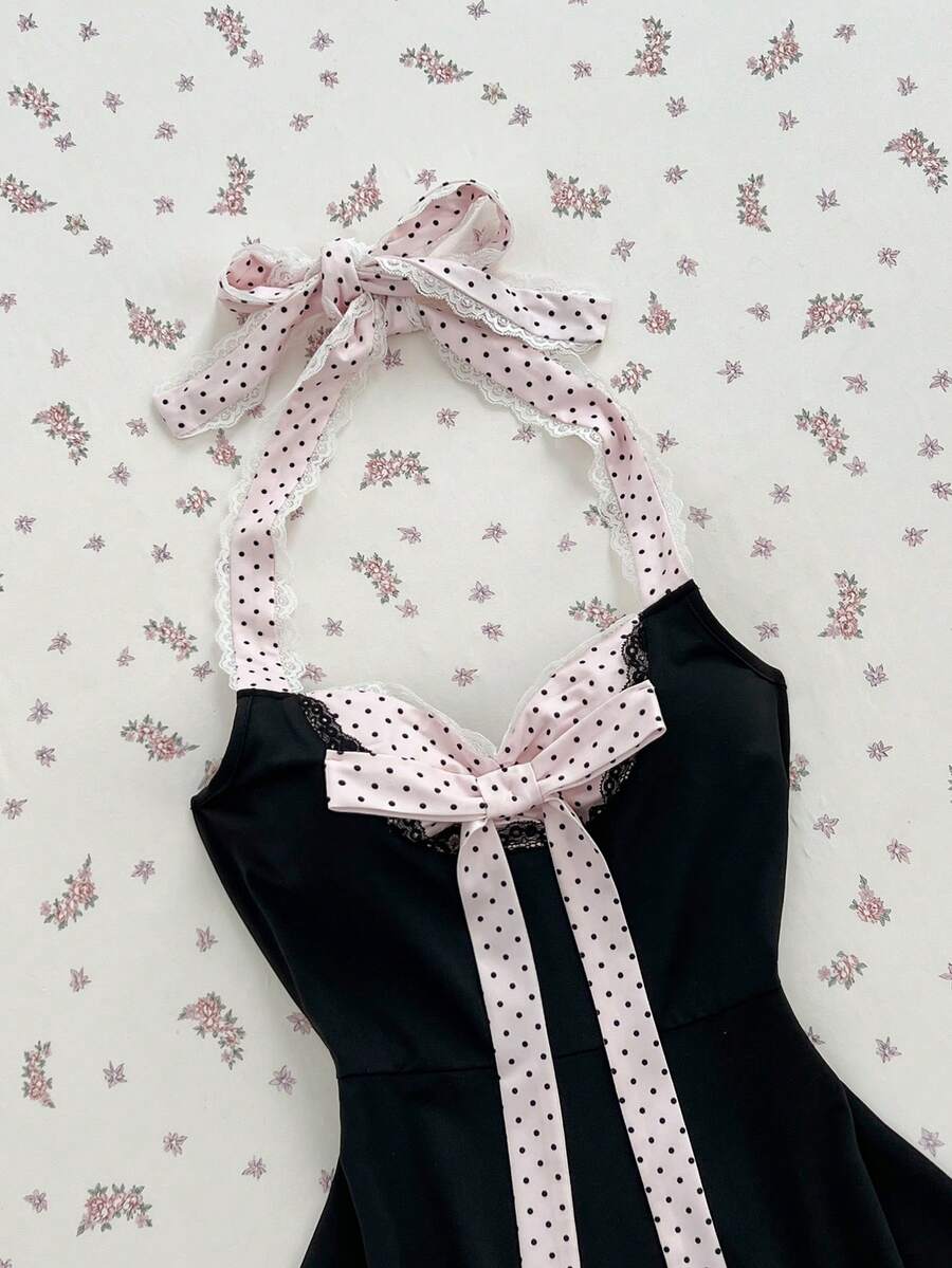 Elamini 女士撞色波点印花无袖休闲吊带连衣裙 - 黑色 - 查看 1