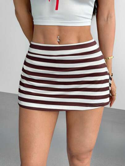 valorelle valorelle Women's Fashion Sexy Striped Print Side Slit Low Waist Skinny Super Short Shorts, Suitable For Daily Wear