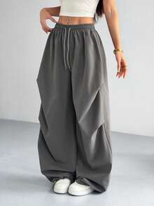 valorelle valorelle 女士休闲宽松褶皱裤，街头风设计，复古美式宽松裤，阔腿裤，哈伦裤，超大裤，灯笼裤，女士宽松裤，女士夏季裤，女士超大裤，女士宽松裤，女士宽松服装 - 灰色 - 查看 4