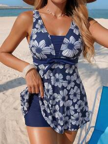 Swim Lushoire Women's Floral Print Beach Sarong,2026 Spring/Summer New Women's Swimwear Beach Vacation Collection: Elegant, Romantic, Sexy, And Sweet; Simple, Casual, And Versatile; Featuring A Bow-Tie Bikini, Removable Cup Pads, And Vibrant Holiday-Themed Colorful Prints. Perfect For Summer Outings, Beach Vacations, Island Getaways, Sunbathing, Road Trips, Cruise Ship Banquets, Afternoon Tea, Candlelight Dinners, Romantic Dates, Private Parties, Everyday Wear, Casual Style, And Even Music Festivals. A Must-Have Swimsuit For A Cool Summer Beach Trip! Sleeveless Dress Floral Print Dress Blue Short Dress Women's Summer Dress Cute Dress - Blue and White - View 4