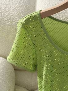 Franclia Casual Sequin Round Neck Short Sleeve T-Shirt, Summer - Green - View 6