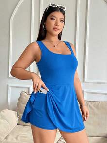 Solflare Navy Blue Plus Size Sleeveless Dress With Pockets & Shorts, Solid Color Jumpsuit - Royal Blue - View 4