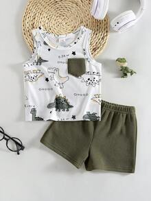 SHEIN 2件套婴儿/男婴休闲可爱恐龙印花背心和短裤套装，春夏装 - 軍綠色 - 查看 1