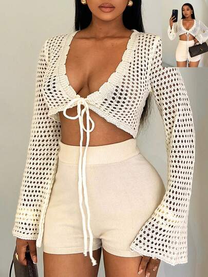 SHEIN BamGlam Women's Thin Cardigan, V-Neck, Long Sleeve, Hollow Out, Apricot Color, Spring/Autumn, Beach Vacation Knit Sweater ,Summer, Summer, Summer, Summer Holiday, Summer For Women, Summer For Women