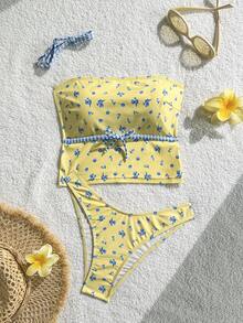 Swim Mod Women's Random Floral Print Spaghetti Strap Bow Tie High Cut Tankini Swimwear, Spring/Summer - Multicolor - View 2