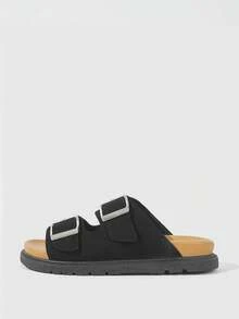 HighSole 女士厚底凉鞋，双扣平底凉鞋，防滑休闲凉鞋，仿麂皮面料，橡胶外底，夏季穿着，休闲百搭，适合海边购物 - 黑色 - 查看 2