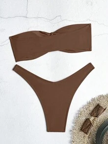 Oceva Ladies' Solid Color Wireless Bandeau Bra & Swim Bottom Bikini Set, Summer Beach Bathing Suit - Brown - View 2
