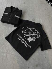 PAVTROS Men's Street Fashion Zip-Up Short Sleeve Printed Shirt - Black - View 3