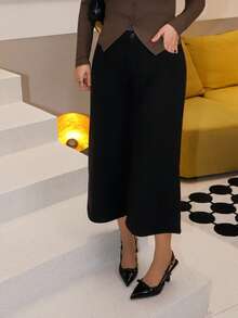 Gretanique Damen Woll-Gerade-Bein-Taschen-Caprihose, Büro-Pendler Business-Lässig-Tragen, elegantes Outfit für Frauen, Frühling/Sommer, geeignet für Valentinstags-Party und Zusammenkünfte - Schwarz - Übersicht 5