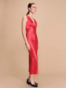 lacRébo Red Satin Jacquard Fitted Midi Dress With Plunge V Neckline Sleeveless,Elegant Silhouette French Style,Red Checkered,Summer,Elegant,Party - Red - View 5