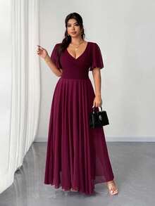 Elenzga Đầm chiffon dáng chữ A cổ chữ V tay bồng dành cho nữ cỡ lớn, mùa xuân/thu, thanh lịch và lãng mạn, thích hợp dự tiệc hoặc đám cưới. - Màu Đỏ Sâu - Xem 4