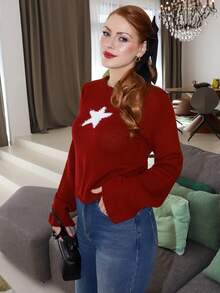 Gretanique 女士休闲星星图案毛衣，秋季 - 紅色 - 查看 5