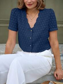 Blusa holgada casual con volantes y estampado de lunares jacquard para mujer, primavera/verano - Azul Marino - Ver 6