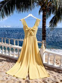 Selianne 女士春夏度假休闲奶油黄蕾丝拼接无袖阔腿连体裤 - 黃色 - 查看 1