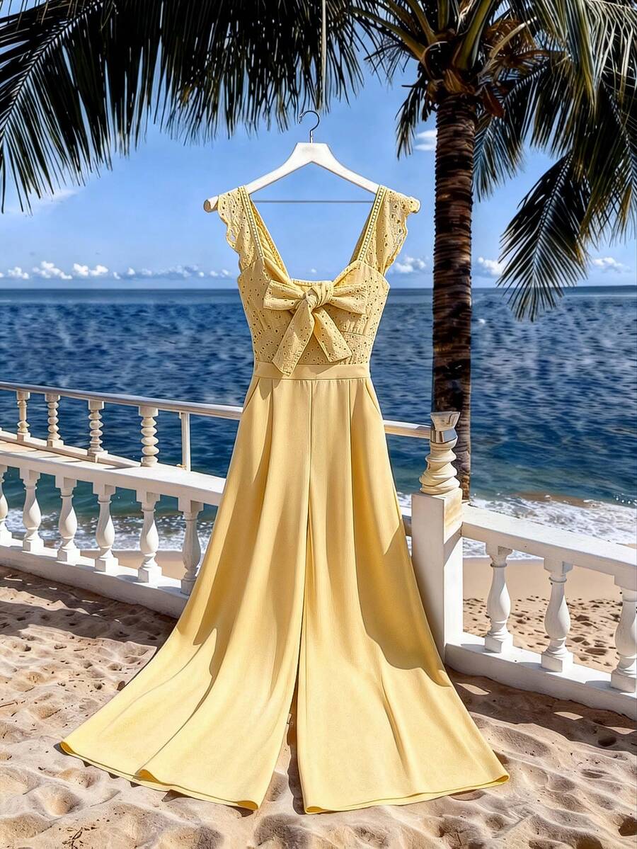 Selianne 女士春夏度假休闲奶油黄蕾丝拼接无袖阔腿连体裤 - 黃色 - 查看 1