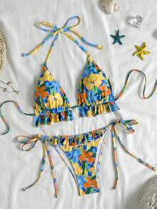 Swim Vcay 女士印花多色两件式泳衣套装，饰有贝壳图案，露背系带设计，适合海滩和度假穿着 - 彩色 - 查看 2