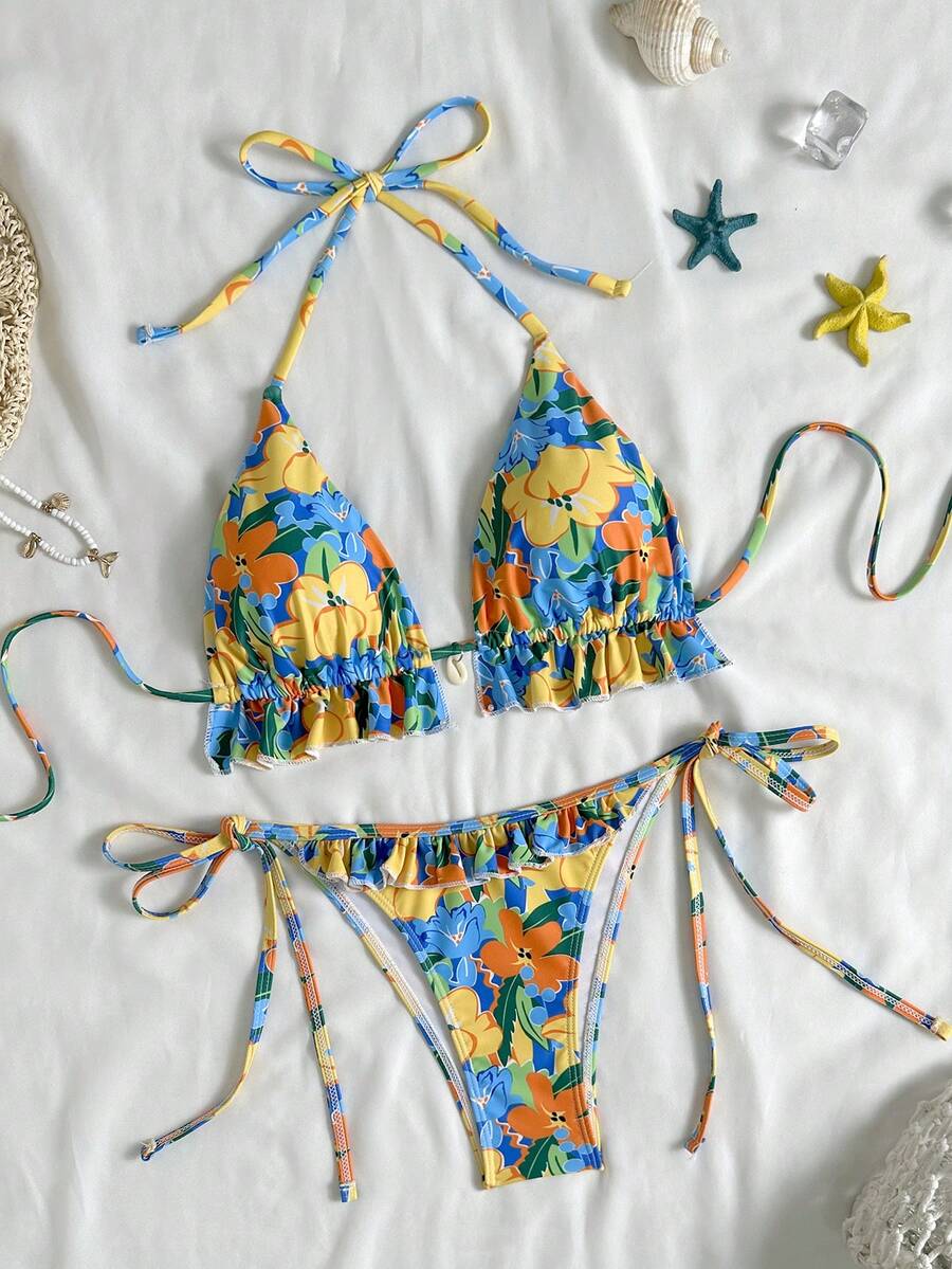 Swim Vcay Conjunto de traje de baño de 2 piezas con estampado multicolor para mujer, con decoración de concha y diseño de espalda descubierta con lazos, adecuado para la playa y vacaciones - Multicolor - Ver 1
