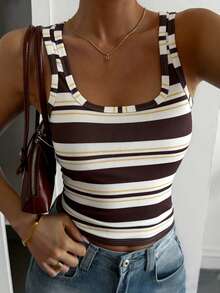 DAZY Women's Contrast Color Square Neck Sleeveless Tank Top Crop Tops Women - Brown - View 2
