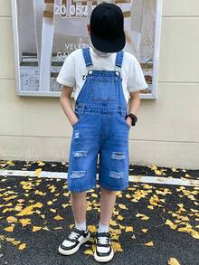 适合青少年男孩的时尚休闲复古酷炫街头镂空破洞磨边宽松舒适蓝色前开衩抽绳牛仔短裤，是青少年男孩日常穿着和春夏狂欢节、街头服饰的最佳选择，2026春夏新款时尚 - 藍色 - 查看 3