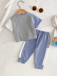Cozy Pixies Newborn Baby Boy Color Block Patchwork Loose Pullover Top And Casual Sweatpants Set,Kids - Multicolor - View 2