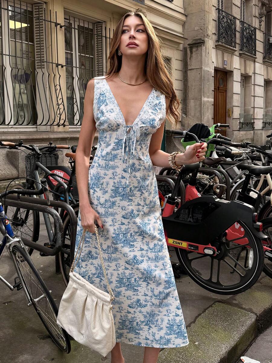 SHEIN PariChic French Toile Blue & White Print Long Dress - Deep Plunging V-Neck With Lace Trim, Tie Front, Flowy Romantic Chic Vacation Sundress Women's Summer Dresses Women's Summer Outfits Boho Dresses For Women New In Dresses Spring Outfits For Women Dresses - Multicolor - View 1
