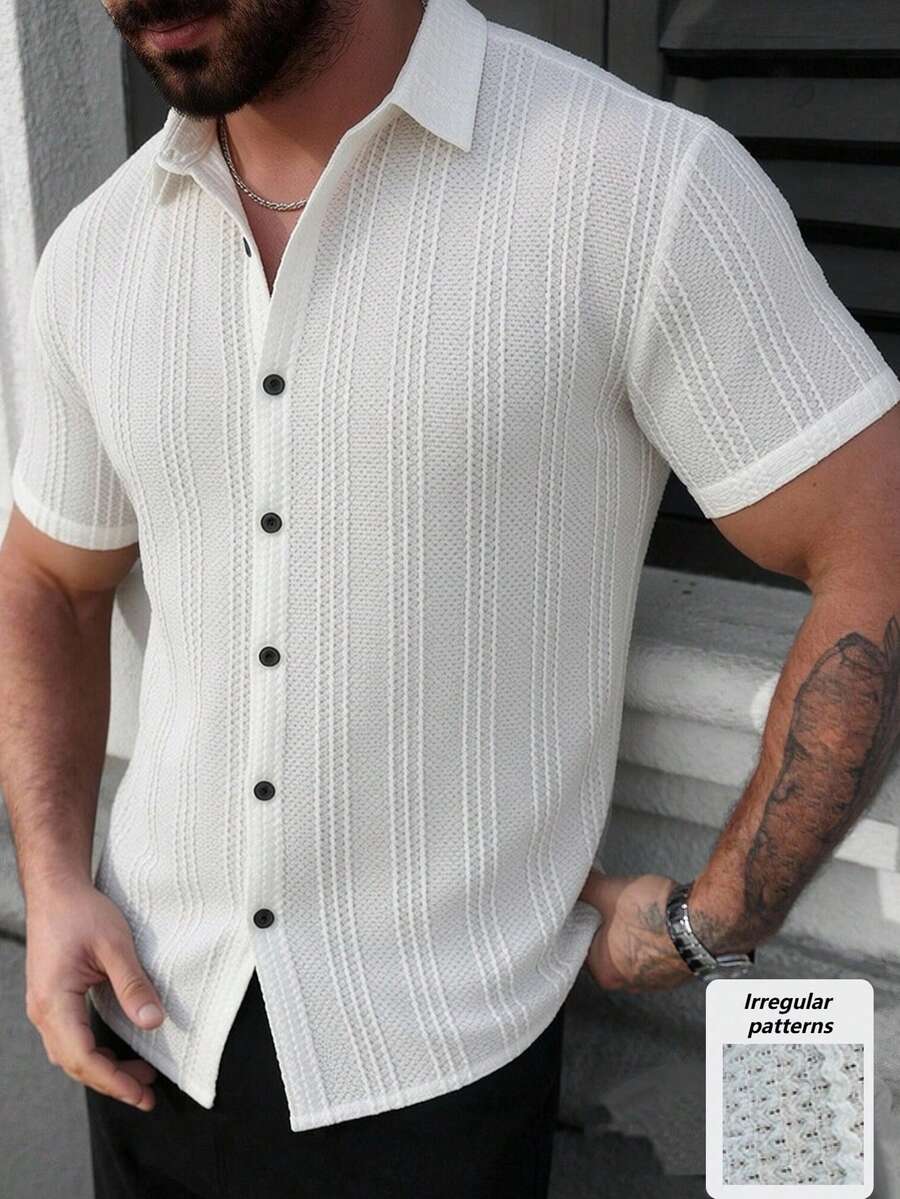 VENTUSAIL Men's Solid Color Short Sleeve Single-Breasted Casual Shirt, Holiday - White - View 1