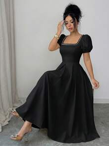 Lyxana 女士优雅方领珍珠缎带腰身A字短花瓣袖长连衣裙，适合约会、派对、宴会、春夏穿着 - 黑色 - 查看 3