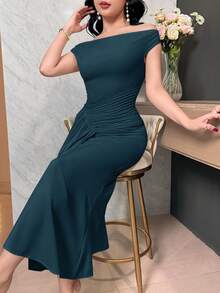 Feyla 女士时尚纯色露肩褶皱长款中长连衣裙 - 藍色 - 查看 6