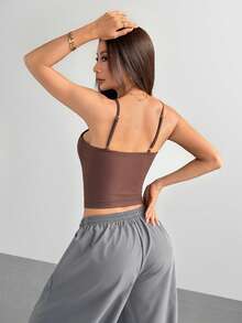 Hanevo Women's Fashionable Solid Color Adjustable Spaghetti Strap Vest, Hollow Pleated Cropped Sexy Camisole Cleavage Top Sexy Women Tops Brown Top Spaghetti Strap Top Cropped Top Women's Top Braless Tops Sexy Tops For Women Brown Tops Women's Tops For Summer - Coffee Brown - View 2
