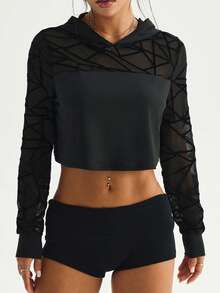 Slayform Áo nỉ có mũ dáng rộng cho nữ, thích hợp cho mùa xuân/hè, tay dài với họa tiết ghép vải ở tay áo, xẻ tà phía trước, toàn bộ lưng bằng lưới mềm mại, phù hợp cho mặc thường ngày, chạy bộ, yoga, tập gym, tennis, golf. - màu đen - Xem 6