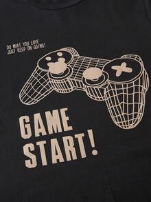 SHEIN Mirajuku 男童印花黑色短袖T恤+米色工装裤休闲套装（2件套），春夏款 - 卡其色 - 查看 7