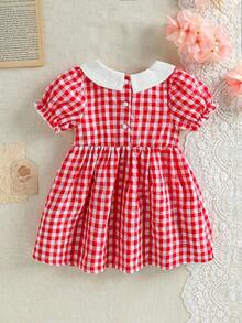 SHEIN 女婴褶皱格纹彼得潘领花瓣袖休闲连衣裙，适合日常穿着和聚会 - 紅色 - 查看 3