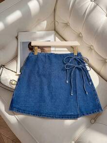GlowEve Women's Casual Versatile Side Tie Denim Skirt - Blue - View 7