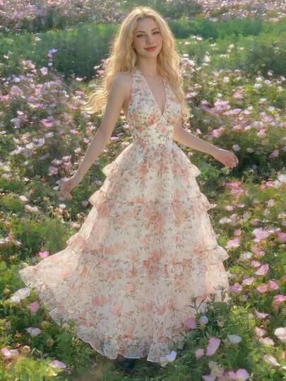 SHEIN MOD 女士花卉印花优雅无袖连衣裙