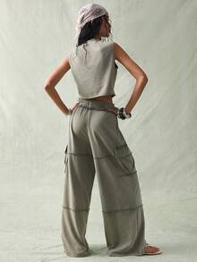 SoleilVie 女士圆领抽绳水洗复古休闲两件套 - 綠色 - 查看 2