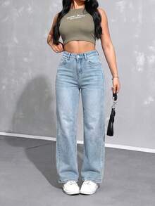 SHEIN EZwear Women's High Waist Light Blue Casual Summer Versatile Jeans - Light Wash - View 1