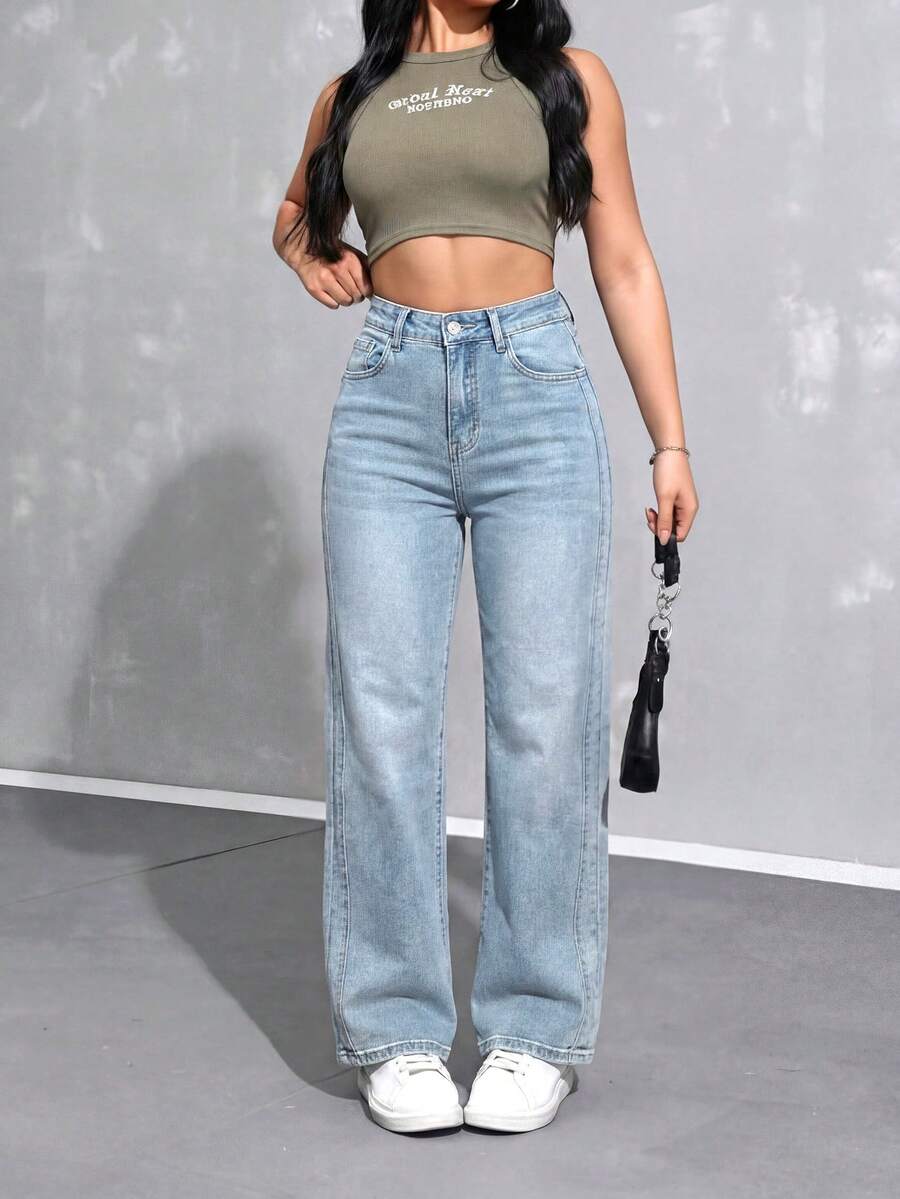 SHEIN EZwear Women's High Waist Light Blue Casual Summer Versatile Jeans - Light Wash - View 1