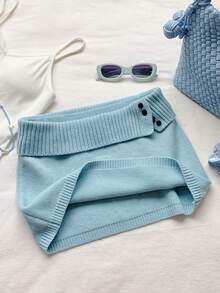 Comfortcana Váy len dệt kim gân màu xanh nhạt trơn dành cho nữ, kiểu Hàn Quốc, thích hợp cho mùa thu/đông. - Màu xanh nhạt - Xem 6