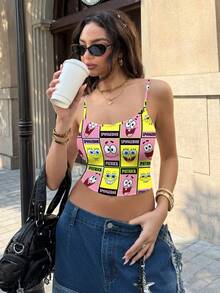 SpongeBob SquarePants | SHEIN 女士字母卡通印花修身吊带背心，夏季 - 白色 - 查看 3