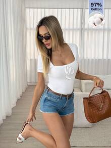 Easowa 女士休闲度假通勤纯色罗纹针织方领扭结前襟修身T恤，夏季女士97%棉白色罗纹针织方领短袖系带修身T恤，女士休闲罗纹针织白色方领短袖系带修身T恤，夏季女装 - 白色 - 查看 4