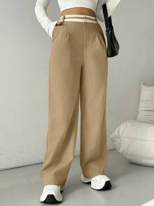 Calvaya Quần lưng cao có túi và thắt lưng màu khối trang trí quần thường ngày - Màu Khaki - Xem 4