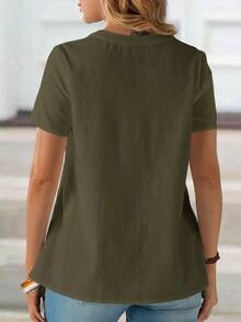 EMERY ROSE 女士夏季棉质刺绣V领短袖衬衫 春季女装 - 軍綠色 - 查看 2