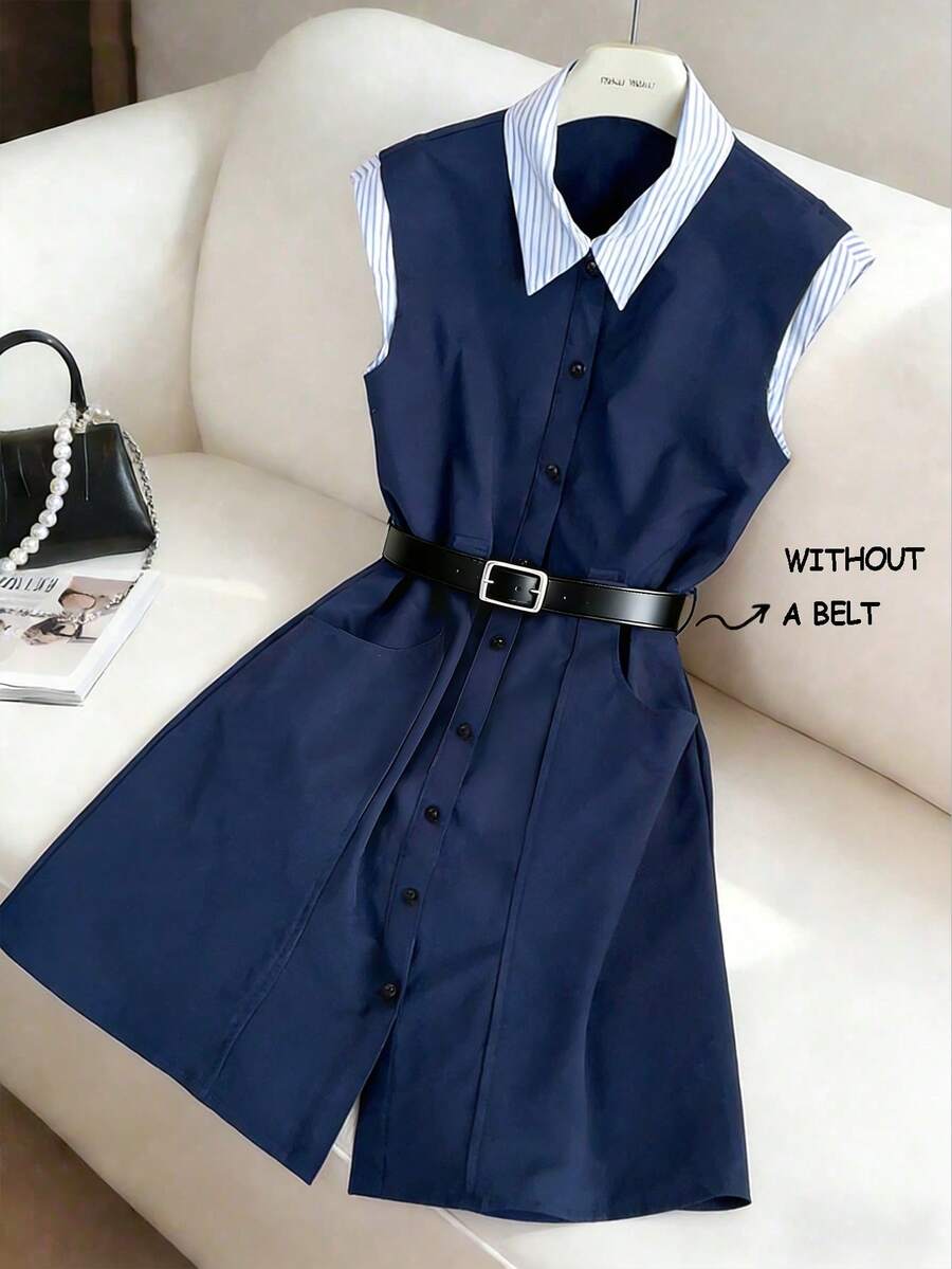 GlowEve 女士夏季休闲/办公通勤条纹印花系带衬衫裙 - 藍色 - 查看 1