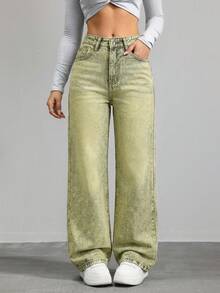 SHEIN ICON Quần jean denim nữ tối giản, bạc màu, thích hợp mặc hàng ngày. - màu xanh lá - Xem 5