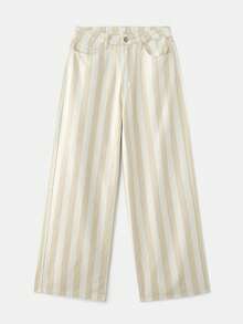 lacRébo Jeans de pierna ancha de cintura alta a rayas en beige para primavera y verano - Albaricoque - Ver 6