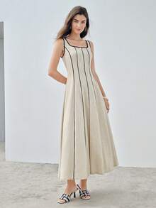 SHEIN x PRISCILA & JIMENA MOTF PREMIUM 對比色包邊方領擴擺裙 - 杏色 - 查看 7